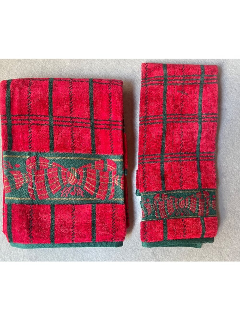 Christmas Towel & Hand Towel Set 100% Cotton Ribbon Red & Green W/ Gold Accents
